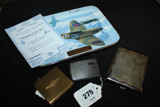 Silver match case, RAF gilt metal compact, Dubarry compact, a white metal cigarette case & Davenport Battle of Britain plaque(-)